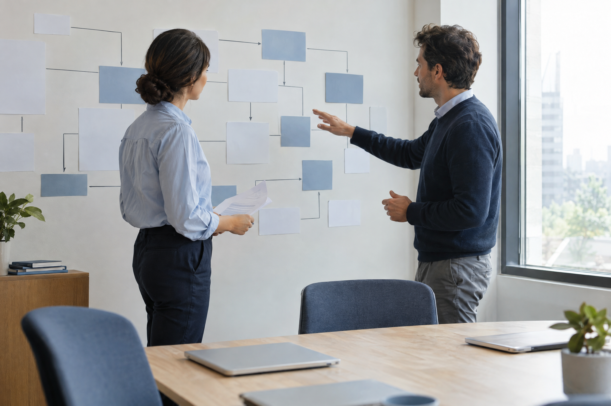Two people working on a process map made of blank cards on a wall. The cards carry no text. Illustrative image; the people shown are not Vitasanctus employees or clients.
