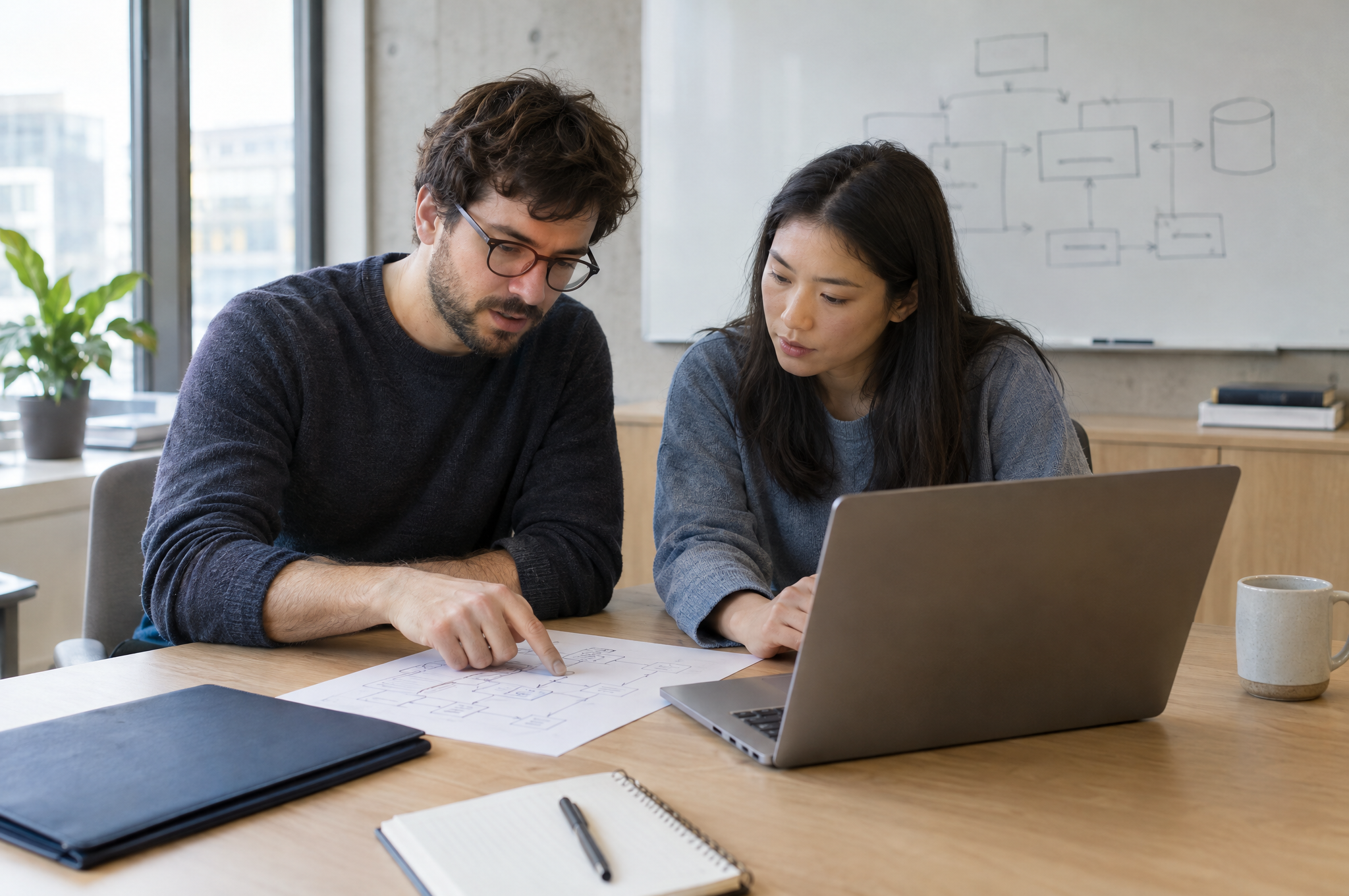 Two people reviewing a hand-drawn system diagram at a desk; the laptop screen faces away from the camera. Illustrative image; the people shown are not Vitasanctus employees or clients.