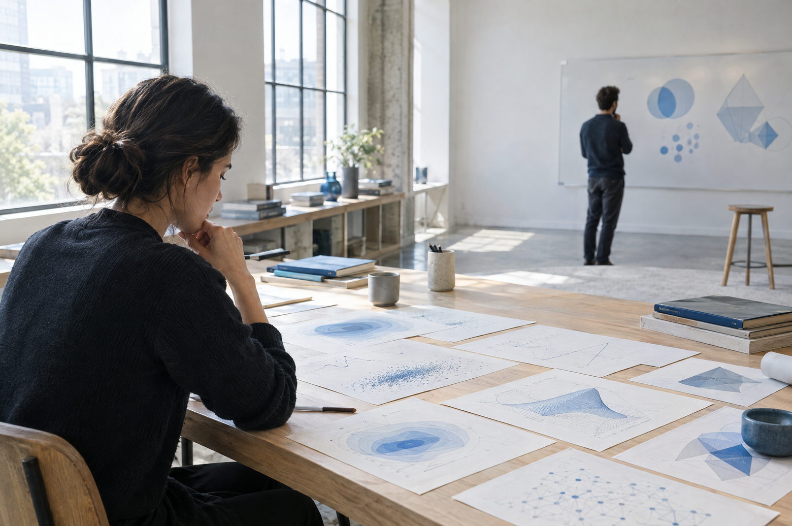 A person at a table in a window-lit room, reviewing printed pages with abstract charts. Illustrative image; the person shown is not a Vitasanctus employee or client.